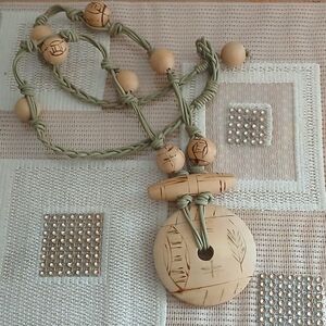Carved Wood Pendant Necklace in Light Beige and Sage